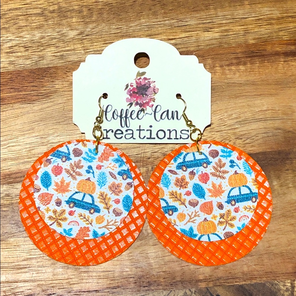 Handmade 3" fall  faux leather earrings, blue truck, pumpkins, fall leaves